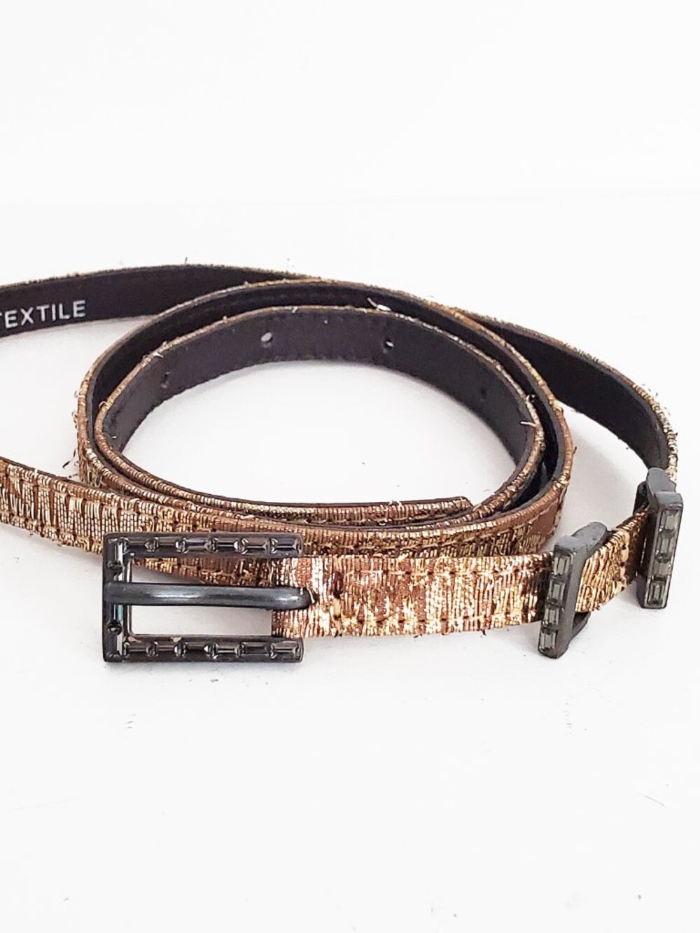 Lanvin Vintage Gold Lame Black Crystal Buckle Skinny Belt Small